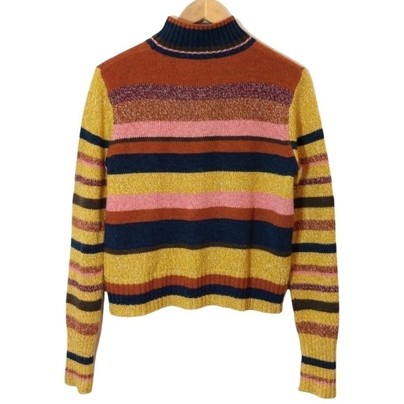 Frye Cropped Mock Neck Striped Sweater Cotton Merino Wool Mohair Blend - Picture 2 of 9